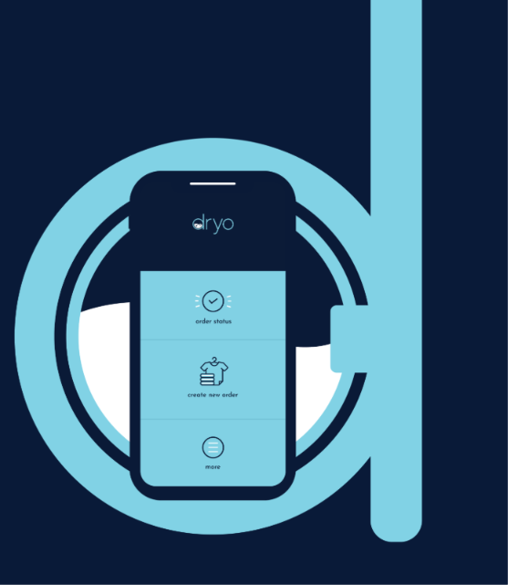 Dryo Cleaners mobile app showing order status, create new order, and more options