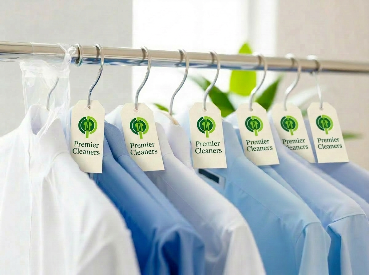 Freshly dry cleaned shirts on hangers with Premier Cleaners tags